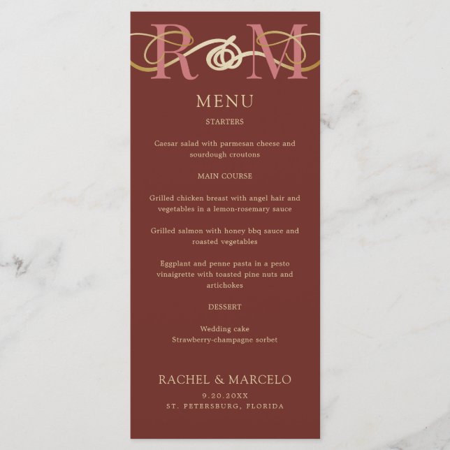 Menu Casamento Elegante Monograma Terracotta (Frente)