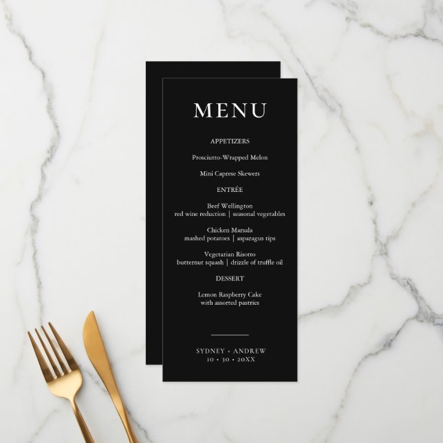 Menu Casamento Elegante Negro-Chic Moderno (Frente/Verso In Situ)