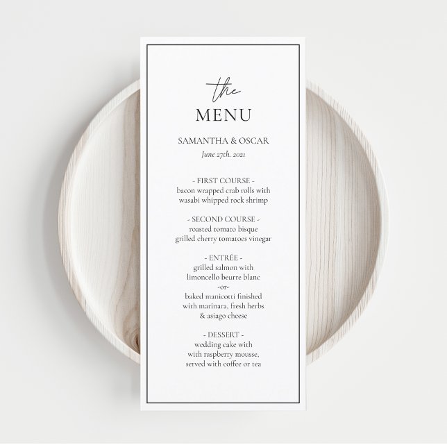 Menu Casamento Elegante Negro e Branco Minimalista (Criador carregado)