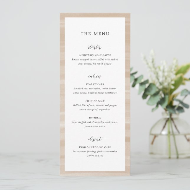Menu Casamento Elegante Neutro Arenoso com Estilo Coste (Em pé/Frente)
