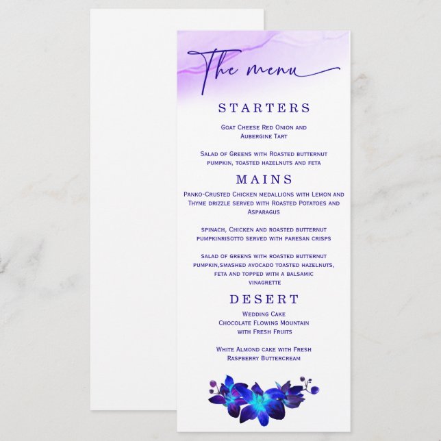 Menu Casamento Elegante Orquídea Roxa e Azul Casamento (Frente/Verso)