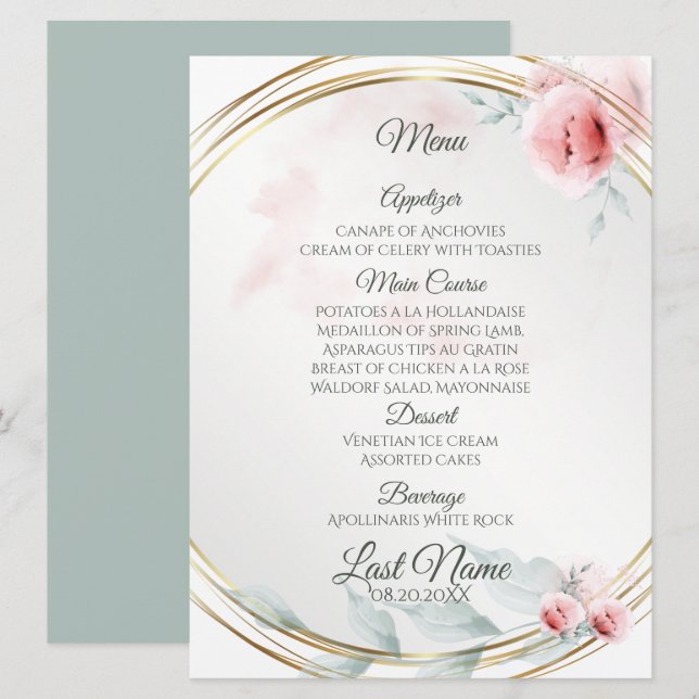 Menu Casamento | Elegante Pink Blush Peony (Frente/Verso)