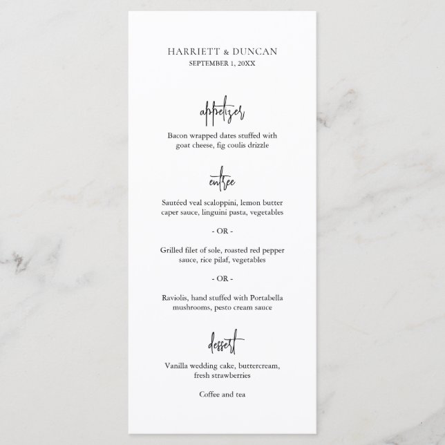 Menu Casamento Elegante Preto e Branco Atemporal (Frente)