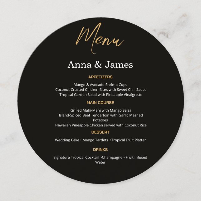 Menu Casamento Elegante Preto e Dourado  (Frente)