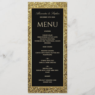Menu Casamento Elegante Preto e Dourado Brilhante
