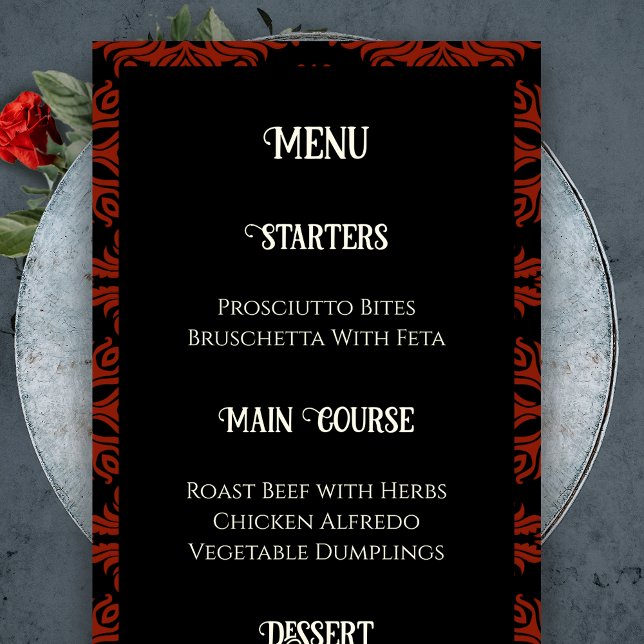 Menu Casamento Elegante Preto e Vermelho Floral Gótico  (Black and Red Floral Gothic Dark Elegant Wedding Menu)