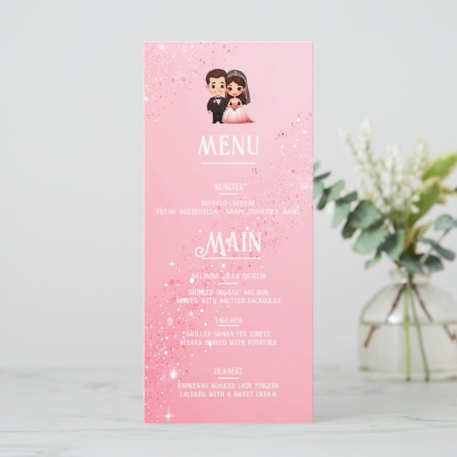 Menu Casamento Elegante Rosa Sparkle (Em pé/Frente)