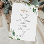 Menu Casamento Elegante Simples Eucalyptus Greenery<br><div class="desc">Projetado para coordenar com nossa coleção de casamento Moody Greenery,  este Modelo personalizável do Menu apresenta um quadro geométrico dourado,  acentuado com galhos verdes de eucalipto de aquarelas,  com texto dourado e cinza. Para fazer alterações avançadas,  selecione a opção "Clique para personalizar mais" em Personalizar este modelo.</div>