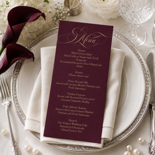 Menu Casamento Elegante Simples Script Vermelho Vinho (Criador carregado)