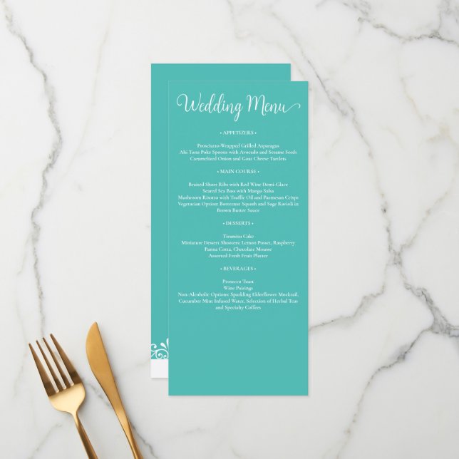Menu Casamento Elegante Teal White (Frente/Verso In Situ)