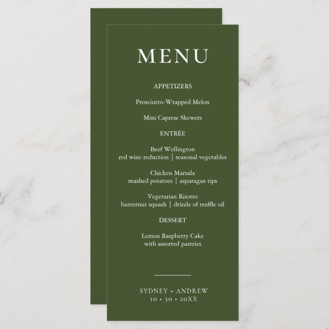 Menu Casamento Elegante Verde-Azeitona Moderno (Frente/Verso)