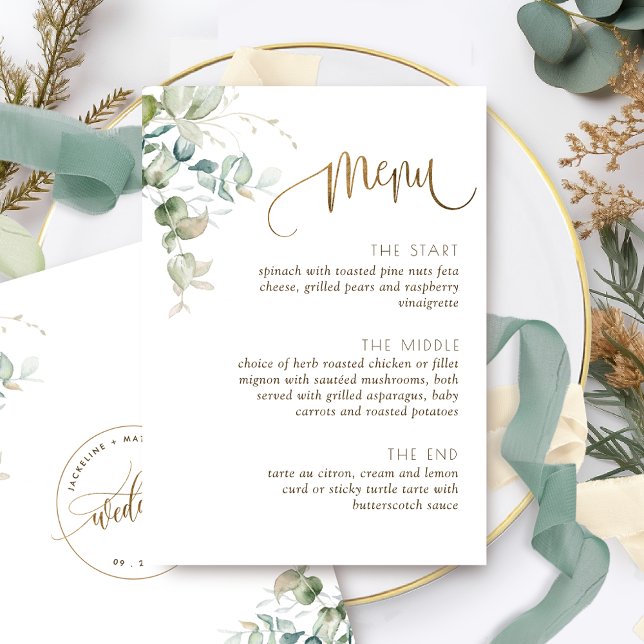 Menu Casamento, Elegante Verde com Eucalyptus Folaves (Criador carregado)