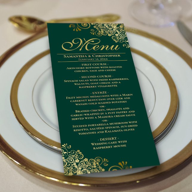 Menu Casamento Elegante Verde Esmeralda e Dourado (On Plate)