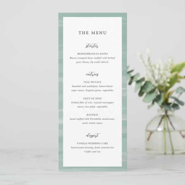 Menu Casamento Elegante Verde Suave Charme Costeiro (Em pé/Frente)