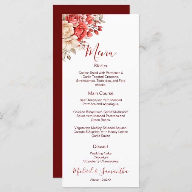 Menu Casamento Elegante Vermelho e Rosa de Marfim (Frente/Verso)