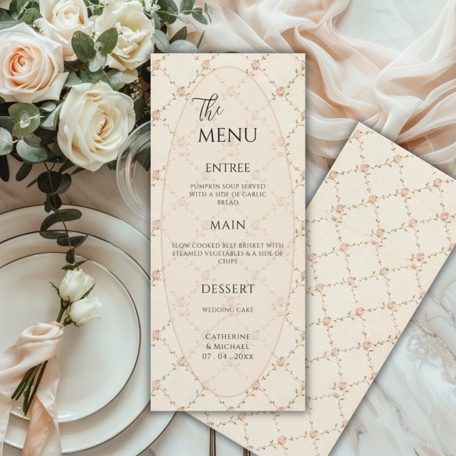 Menu Casamento Elegante Vintage Floral Rosa (Criador carregado)