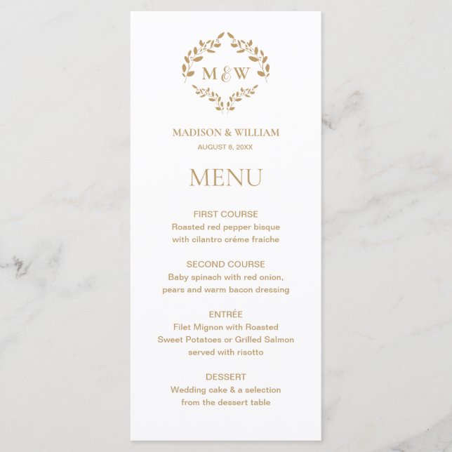 Menu Casamento Elegante Wreath Monograma Dourado (Frente)