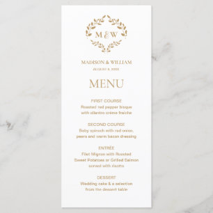 Menu Casamento Elegante Wreath Monograma Dourado