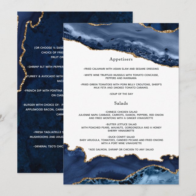 Menu Casamento em Ágata Azul Marinho e Dourado (Frente/Verso)