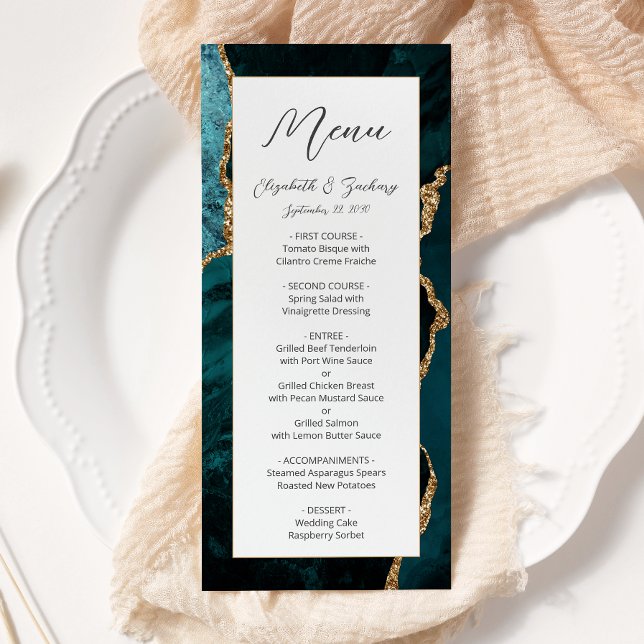 Menu Casamento em Ágata Azul Teal Moderno Dourado (Criador carregado)