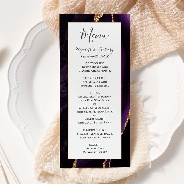 Menu Casamento em Ágata Dourada Roxa Moderna (Criador carregado)
