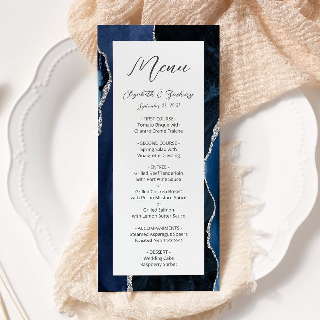 Menu Casamento em Ágata Prata Azul Marinho Moderno (Criador carregado)