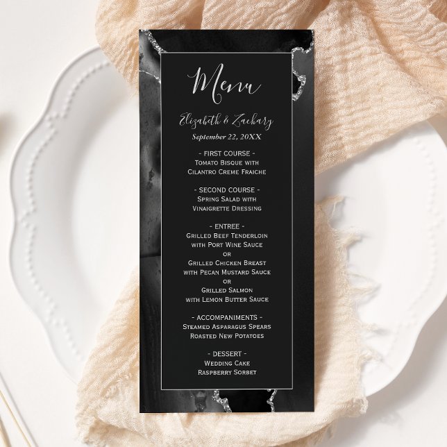Menu Casamento em Ágata Prata Preta Moderna (Criador carregado)