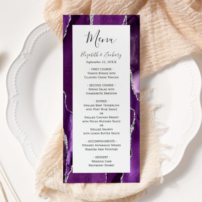 Menu Casamento em Ágata Prata Roxa Moderna (Criador carregado)