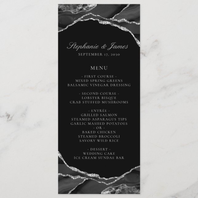 Menu Casamento em Ágata Preta com Folha de Prata Elegan (Frente)