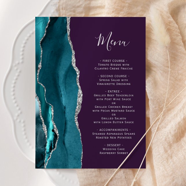 Menu Casamento em Azul Teal Prata Ágata Roxo (Criador carregado)