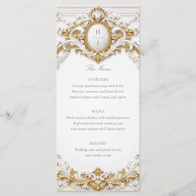 Menu Casamento em Moldura Barroca Dourada e Branca Vito (Frente)