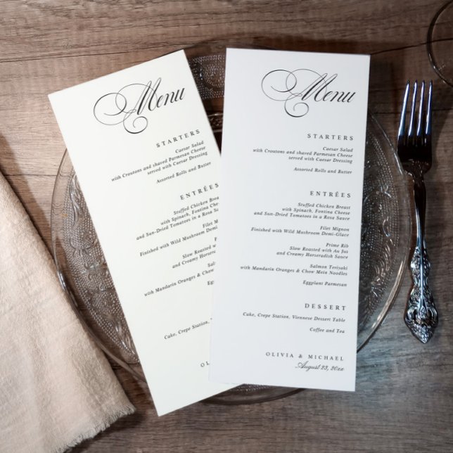 Menu Casamento em Preto e Branco com Caligrafia Elegant (Black and white elegant wedding menu with classic calligraphy and formal dinner layout)
