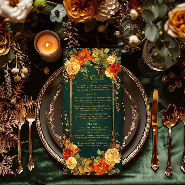 Menu Casamento Encantador Inspirado em Druida Verde e L (elegant wedding menu design, Celtic-inspired wedding stationery, autumn wedding menu, nature-themed )