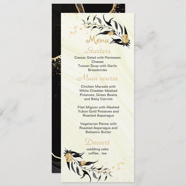 Menu casamento entre flores douradas e folhas negras (Frente/Verso)
