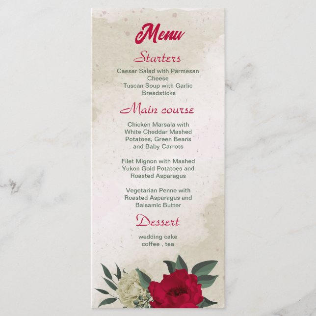 Menu casamento entre flores vermelhas pálidas (Frente)