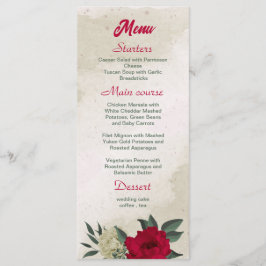 Menu casamento entre flores vermelhas pálidas