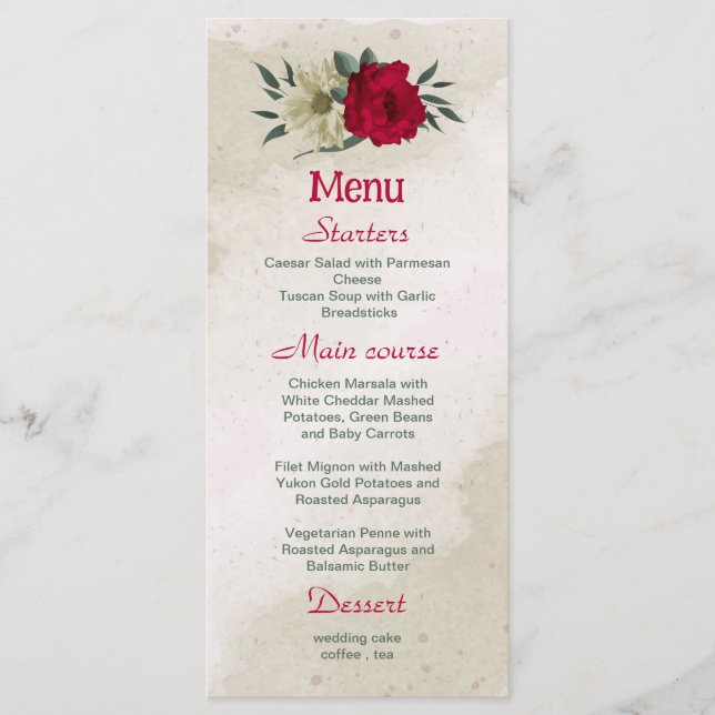 Menu casamento entre flores vermelhas pálidas (Frente)
