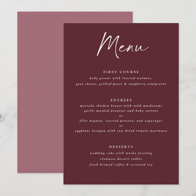 Menu Casamento Escrita à Mão Merlot Borgonha Moderno (Frente/Verso)