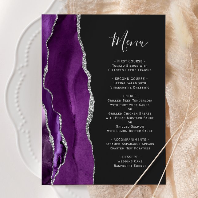 Menu Casamento Escuro Ágata Prata Roxa (Criador carregado)