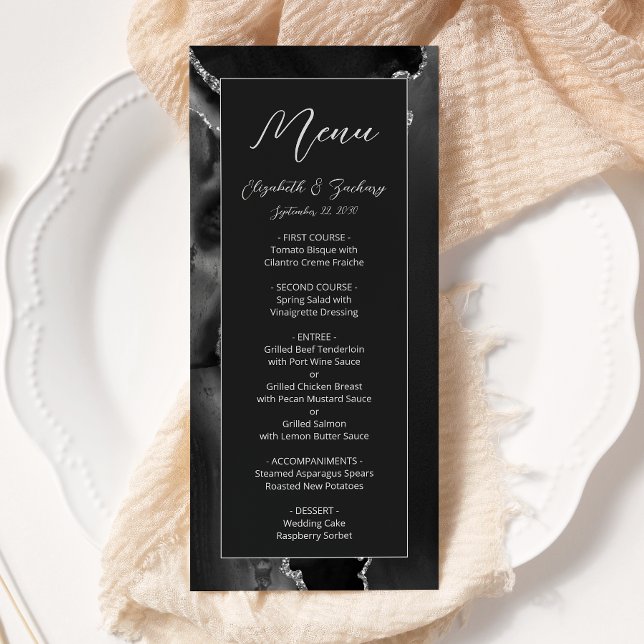 Menu Casamento Escuro Moderno Preto Prata Ágata (Criador carregado)