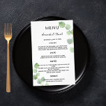 Menu Casamento eucalipto verde orçamento botânico<br><div class="desc">Por favor,  note que este menu está no papel folheto e muito fino. Para menus mais espessos (mesmo design) visite nossa loja. Personalize e adicione seus nomes,  data e menu de casamento. Fundo branco,  decorado com eucalipto verde,  galhos. Fundo verde.</div>