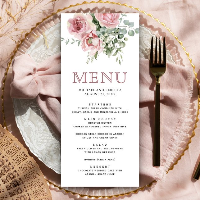 Menu Casamento Eucalyptus Floral Cor-de-Rosa Esbranquiç (Criador carregado)