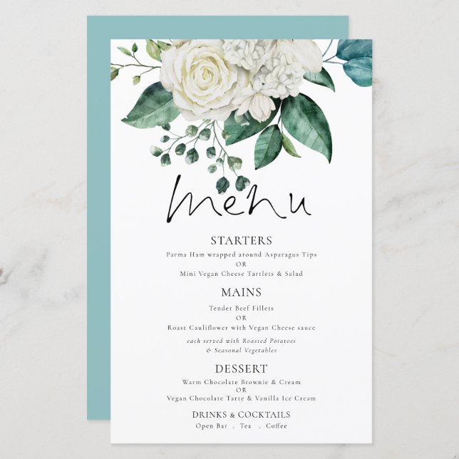 Menu Casamento Eucalyptus Florals Branco do Orçame (Frente/Verso)