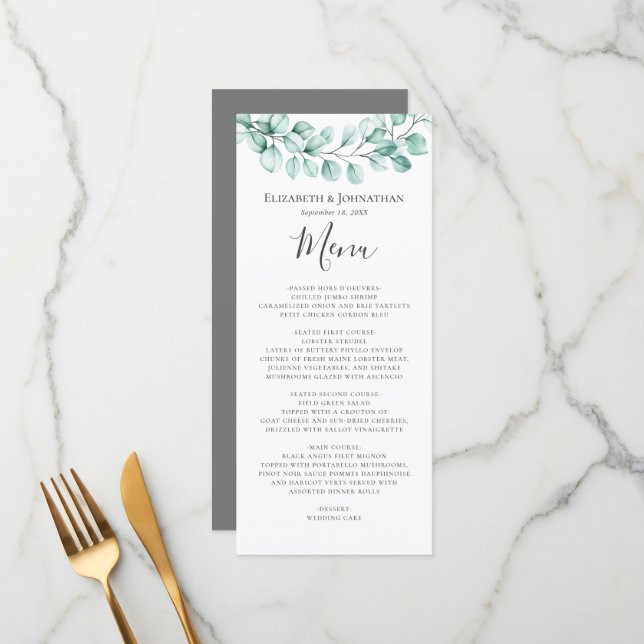 Menu Casamento Eucalyptus Greenery Watercolor Wreath (Frente/Verso In Situ)
