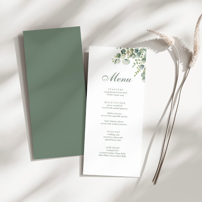 Menu Casamento Eucalyptus Modern Greenery (Modern Greenery Eucalyptus Wedding Menu on a sunny white table.)