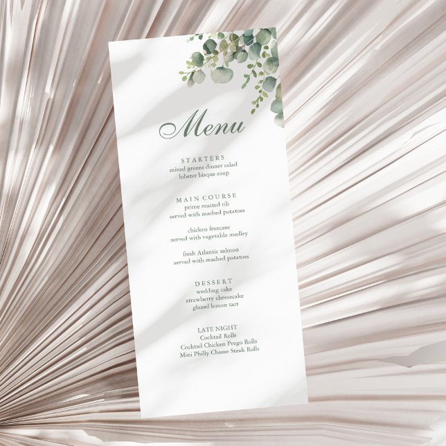 Menu Casamento Eucalyptus Modern Greenery (Modern Greenery Eucalyptus Wedding Menu on a sunny neutral dry palm leaf.)