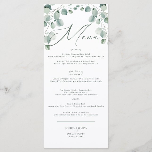 Menu Casamento Eucalyptus Sage Green Watercolor (Frente)