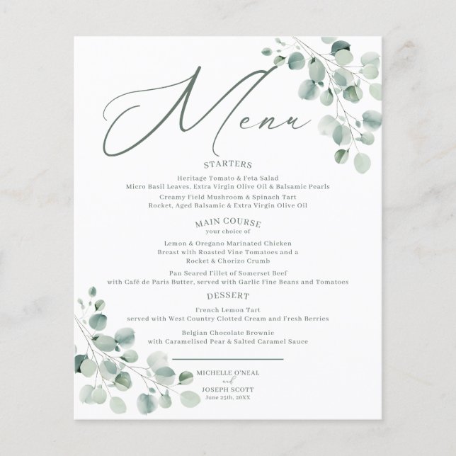 Menu Casamento Eucalyptus Sage Green Watercolor (Frente)
