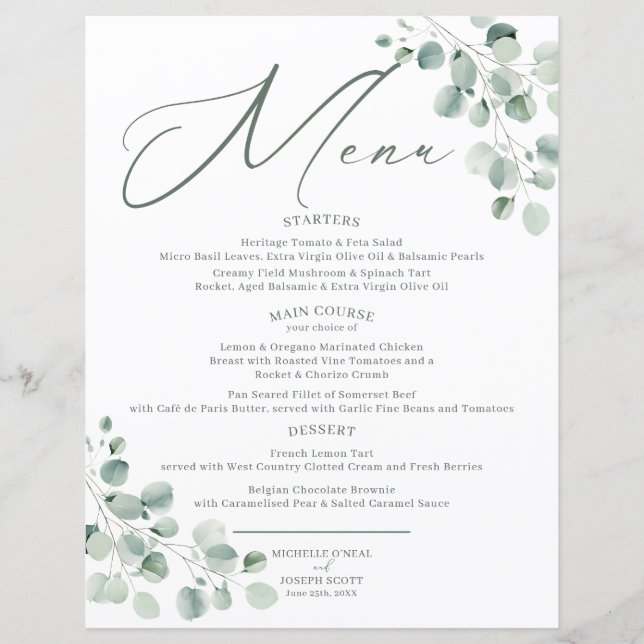 Menu Casamento Eucalyptus Sage Green Watercolor (Frente)