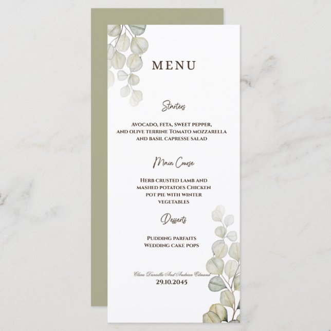 Menu Casamento Eucalyptus Watercolor (Frente/Verso)